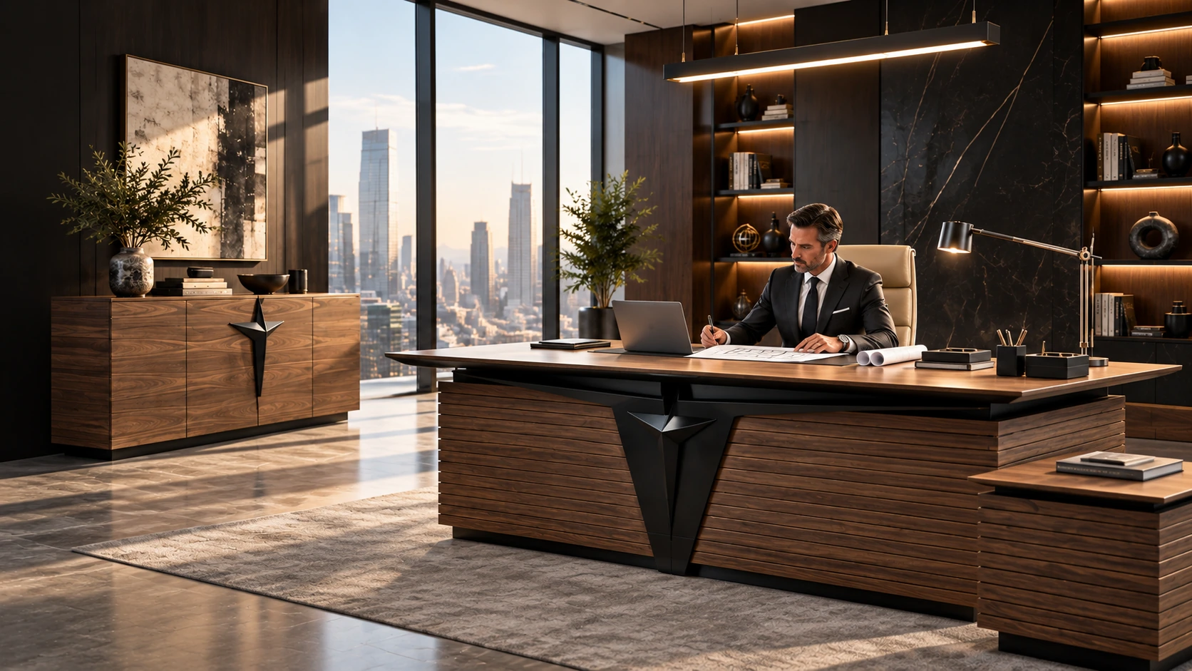 Modern makam masası ön planda, masasında çalışan yönetici ile ofis konsepti